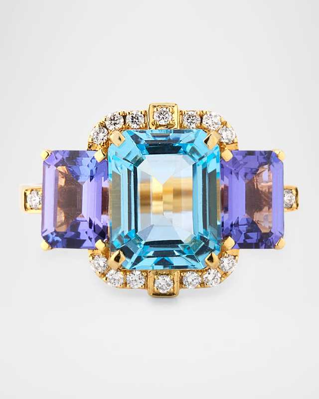Gossip 18K Yellow Gold Blue Topaz and Tanzanite 3 Stone Emerald Cut Ring with Diamonds